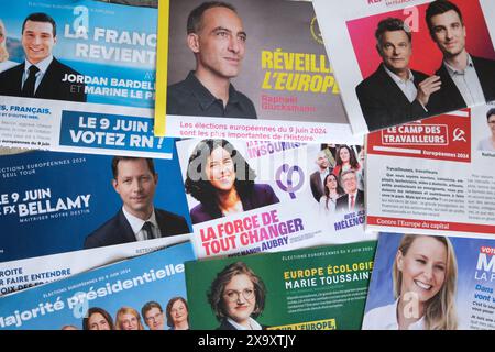 France. 03rd June, 2024. Illustration of french Flyers for the Election campaign for the European elections in Paris, France on june 2, 2024. Photo by Marie Hubert Psaila/ABACAPRESS.COM Credit: Abaca Press/Alamy Live News Stock Photo