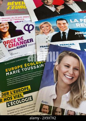 France. 03rd June, 2024. Illustration of french Flyers for the Election campaign for the European elections in Paris, France on june 2, 2024. Photo by Marie Hubert Psaila/ABACAPRESS.COM Credit: Abaca Press/Alamy Live News Stock Photo