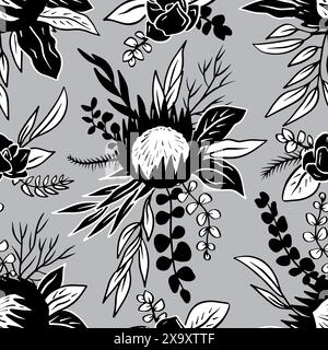 Black and white seamless pattern with line art protea flowers on gray background Stock Vector