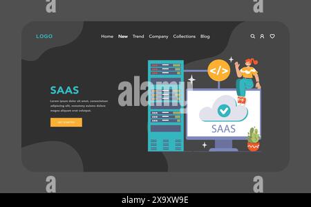 SaaS platform concept with a cheerful user interacting with cloud services and server rack, reflecting the ease of accessing software online. Flat vector illustration Stock Vector
