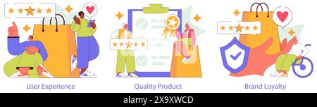 Brand Trust set. Illustration of consumers enjoying a positive user experience, quality products, and showcasing brand loyalty. Diverse characters with ratings and approval icons. Vector illustration. Stock Vector