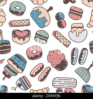 Cute doodle print of baked goods, desserts and sweets Stock Vector