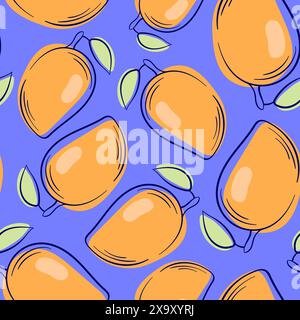 Mango seamless pattern in outline pattern. Hand drawn design for package, textile. Vector illustration on a blue background. Stock Vector