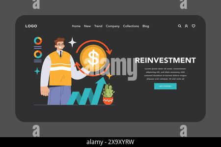 Reinvestment dark or night mode. Businessman observes financial growth, directing profits back into assets. Circular money flow, upward trend chart. Financial strategy. Flat vector illustration Stock Vector