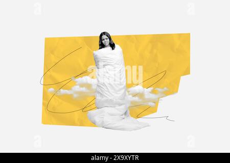 Sketch image trend composite 3D photo collage of picture draw doodle young tired schoolgirl teen age wake up early morning body blanket Stock Photo