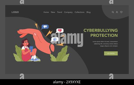 Cyberbullying protection concept. Protective parents hand shield child from online harassment, ensuring secure social media experience. Parental problems in digital age. Flat vector illustration Stock Vector