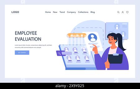 Employee Evaluation concept. A dedicated manager assessing team members through digital profiles, highlighting performance metrics. Efficient workforce management. Flat vector illustration. Stock Vector
