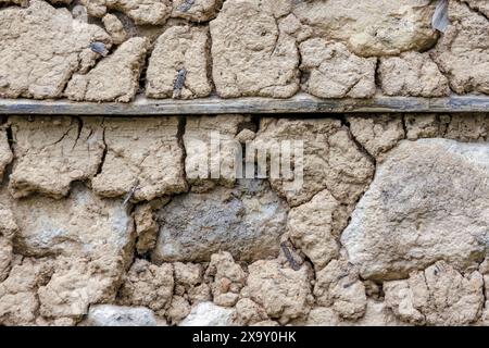 Close-up photography of the ancient adobe wall of a shed, in a farm in the eastern Andean mountains of central Colombia. Stock Photo