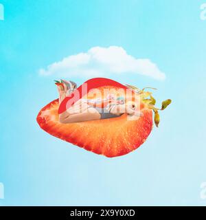 Three women lying on slice of strawberry on colorful swimsuits and sunbathing. Sky background. Contemporary art collage. Stock Photo