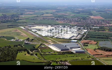 Aerial view of Sherburn Industrial Estate and Sherburn Airfield, Sherburn in Elmet. This view looking west with Leeds in the distance Stock Photo