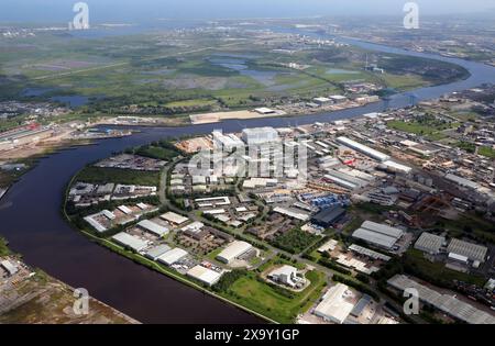 Aerial view of The Riverside Park Industrial Estate, Middlesbrough, taken from the West looking down the River Tees to the North Sea Stock Photo