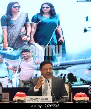 New Delhi, India. 03rd June, 2024. Chief Election Commissioner of India, Rajiv Kumar addresses a press conference. He told media that in the Lok Sbaha election 2024 country created a world record with 642 Million (64.2 crore) voters cast their vote in seven phases election. Credit: SOPA Images Limited/Alamy Live News Stock Photo