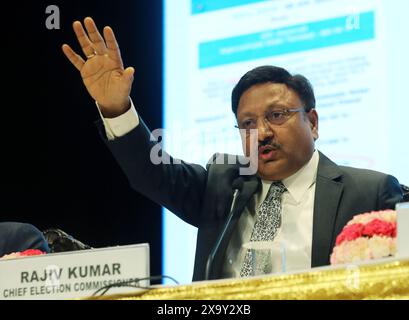 New Delhi, India. 03rd June, 2024. Chief Election Commissioner of India, Rajiv Kumar addresses a press conference. He told media that in the Lok Sbaha election 2024 country created a world record with 642 Million (64.2 crore) voters cast their vote in seven phases election. Credit: SOPA Images Limited/Alamy Live News Stock Photo