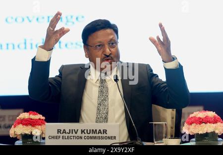 New Delhi, India. 03rd June, 2024. Chief Election Commissioner of India, Rajiv Kumar addresses a press conference. He told media that in the Lok Sbaha election 2024 country created a world record with 642 Million (64.2 crore) voters cast their vote in seven phases election. Credit: SOPA Images Limited/Alamy Live News Stock Photo