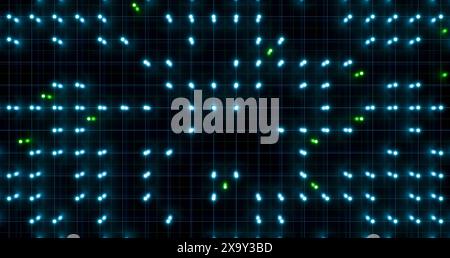 Digital connections, illuminated dots, wire frame. Digital connections, illuminated dots. Wire frame with green and blue lights. Technology, switch board, node tree, control panel. img technology029s01 wire digital dots Stock Photo