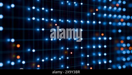 Digital connections, illuminated dots, wire frame. Digital connections, illuminated dots. Wire frame with orange and blue lights. Technology, switch board, node tree, control panel. img technology029s02 wire digital dots Stock Photo