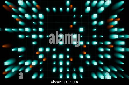 Wire frame with green and orange illuminated squares, digital connections. Wire frame with green and orange illuminated squares, digital connections. Panel, switch board, node tree, control, technology. img technology029s03 wire digital squares Stock Photo