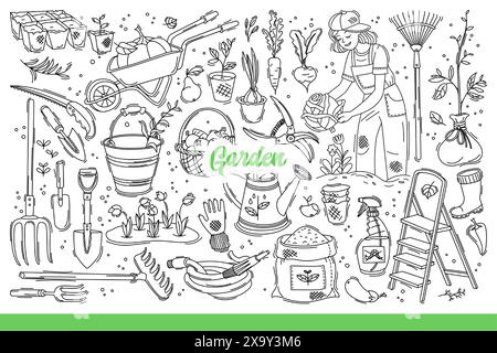 Garden equipment and seeds for planting plants and flowers in your backyard. Tools for farmer who owns vegetable garden and brings in autumn harvest of organic fruits. Hand drawn doodle Stock Vector