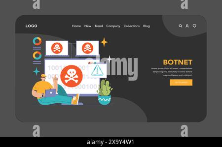 Botnet attack dark or night mode web, landing. Hacker orchestrating a network breach with compromised computers, emphasizing cyber vulnerability. Stay alert, secure devices. Flat vector illustration Stock Vector