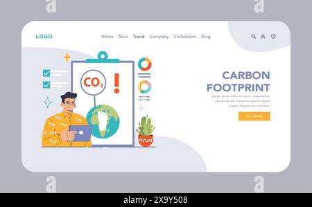 Carbon Footprint Awareness web or landing. Analyst calculates environmental impact, signaling CO2 emissions. Earth health, sustainable metrics. Action against climate change. vector illustration Stock Vector