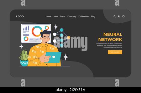 Neural Network concept. Man analyzes data on screen, connection nodes insight. Artificial intelligence, deep learning. Flat vector illustration Stock Vector