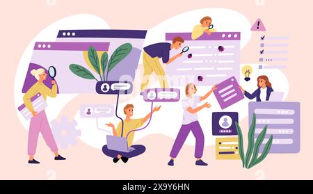 Searching process for errors in application. Testing programs. People fixing bugs in software. App development. Looking for antivirus mistakes with Stock Vector