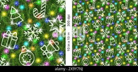 Christmas seamless tileable pattern. Realistic Christmas tree and lights background with shiny Christmas decorations. Wallpaper, background, wrapping Stock Photo