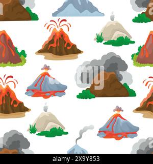 Volcano seamless pattern. Volcanoes eruption process with fires and lava. Natural disasters print design for wrapping and textile, neoteric vector Stock Vector