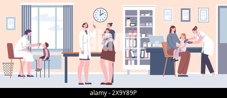 Children vaccination scene. Kids and medical staff, doctors and nurses in hospital room doing injections. Clinical staff vaccinating, kicky vector Stock Vector