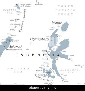 Halmahera, island in Indonesia, gray political map. Largest island of the Moluccas, or Maluku Islands, and part of the North Maluku province. Stock Photo