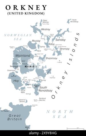 Orkney or Orkney Islands, gray political map. Archipelago of about 70 islands in the Northern Isles of Scotland. Stock Photo