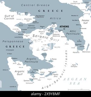 Argo-Saronic Gulf, Saronic and Argolic Gulf of Greece, gray political map. Peninsulas of Attica and Argolis and the Argo-Saronic Islands. Stock Photo