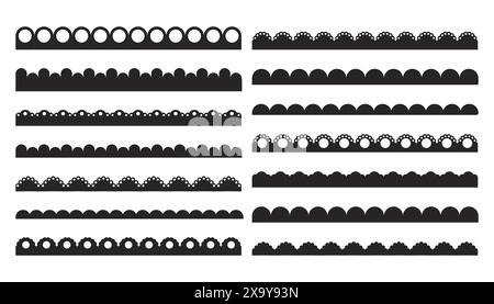 Scalloped edge border frilly stroke divider black silhouette stripe, tape collection isolated on white background. Traditional simple ornament with circles, embroidery ribbon. Vector illustration Stock Vector