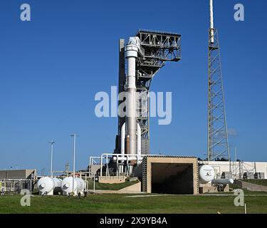 Cape Canaveral, Florida, USA. 3rd June, 2024. Mission Managers have set the new launch date and time of the ULA Atlas V rocket after finding the cause of the postponement of the launch from Complex 41 at the Cape Canaveral Space Force Station on Monday, June 3, 2024. Atlas will boost the Boeing Starliner spacecraft with its first crew, NASA Astronauts Butch Wilmore and Suni Williams, on a ten day mission to the International Space Station. Launch is scheduled for an instantaneous window on June 5 at 10:52 AM. Photo by Joe Marino/UPI Credit: UPI/Alamy Live News Stock Photo