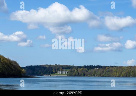 Plas Newydd House & Gardens (National Trust) on the bank of the Menai Street. Seen from beneath the Britannia Bridge on the Anglesey side. North Wales Stock Photo
