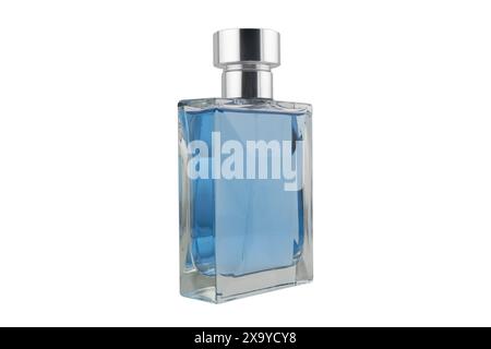 Bottle of perfume isolated on white background. Blank glass spray bottle with perfume isolated. Stock Photo