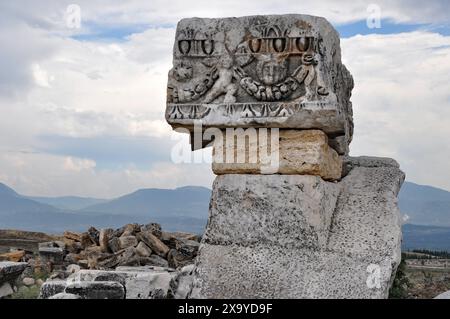 Large Engraved Stone Relief from the Roman Theatre, Hierapolis, Pamukkale, Denizli Province, Turkey Stock Photo