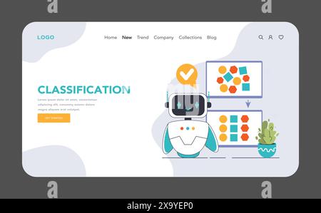 Data classification concept. A friendly robot engages in machine learning, effectively sorting diverse shapes for smarter technology. Flat vector illustration Stock Vector