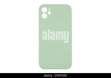 Mobile phone case isolated on white background. Smart phone case isolated. Blue silicone case for smartphone or phone with cutouts for the camera. Stock Photo
