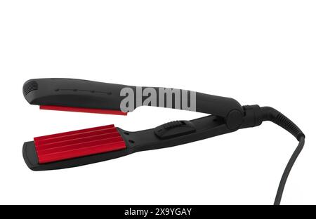 Hair curling iron isolated on white background. Electric curling iron with ceramic plates isolated. Stock Photo