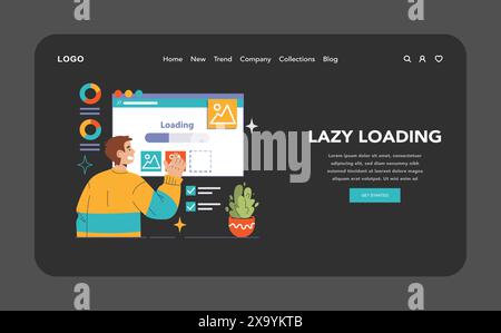 Website optimization dark or night mode web, landing. Enhancing website speed and efficiency by loading content on demand. Improving user experience with smart resource management. Flat vector illustration. Stock Vector