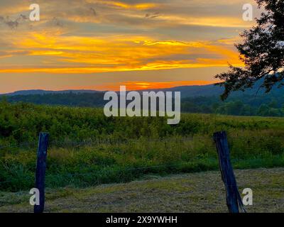 The sun setting behind a fence in a field Stock Photo