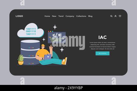 Infrastructure as Code concept. Programmer with laptop managing cloud data storage and server operations. Binary code and script visualization. Efficient, automated computing. Flat vector illustration Stock Vector