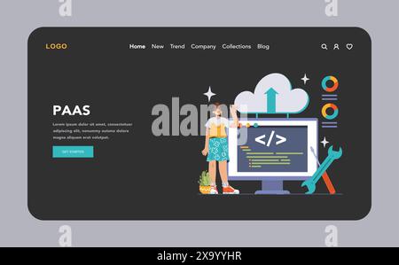 Platform as a Service concept. A developer interacts with PaaS interface for enhanced productivity and streamlined workflow. Cloud technology and programming visualization. Flat vector illustration Stock Vector