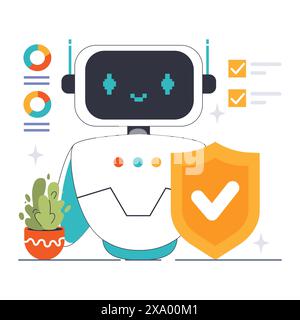 Security Chat Bot concept. Digital guardian bot on desktop with protective shield, ensuring data safety and cyber protection. Enhanced online security, user trust assurance. Flat vector illustration Stock Vector