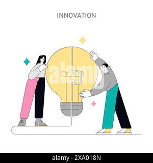Soft Skills concept. Collaboration and creativity in problem-solving. Teamwork assembling a lightbulb puzzle, brainstorming solutions. Vector illustration. Stock Vector