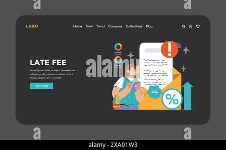 Financial Penalty concept. Worried woman reviewing a late fee notification on a mobile device with interest rate icons. Debt, penalties. Flat vector illustration Stock Vector