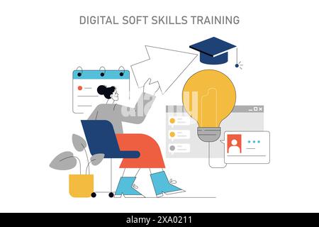 Soft Skills Training concept. Online education for personal growth. Communication, creativity, and problem-solving enhancement. Vector illustration. Stock Vector