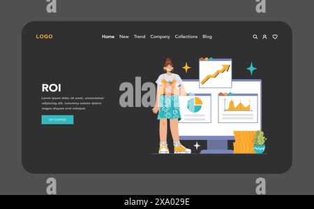 ROI dark or night mode. Modern woman analyzing rising trend graphs, pie chart on screens, coin stack below. Return on investment, financial insights. Flat vector illustration Stock Vector