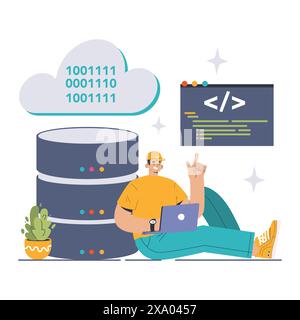 Infrastructure as Code concept. Programmer with laptop managing cloud data storage and server operations. Binary code and script visualization. Efficient, automated computing. Flat vector illustration Stock Vector